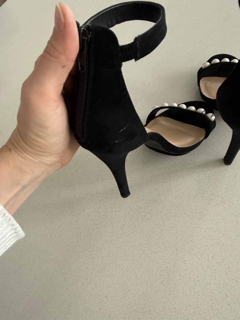 NWOT Black Faux Suede Pearl Strap Size 9 4.5” Heel Elegant Dress Stiletto Heel - Picture 6 of 10